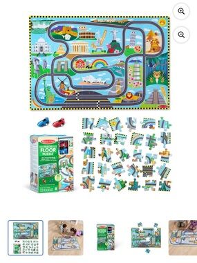 Melissa & Doug Blue Track World Landmarks Floor Puzzle Playmat with Toy Cars